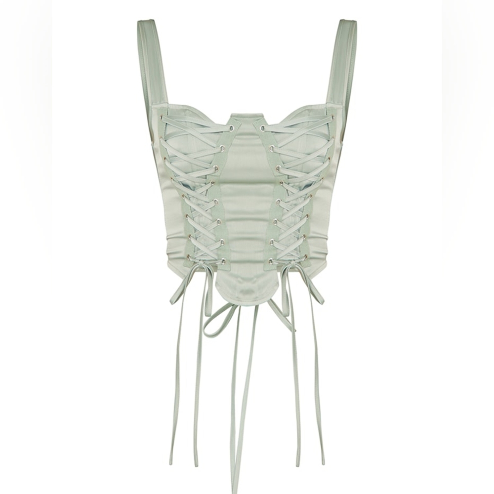 Sage Khaki Satin Lace Up Front Detail Sleeveless Corset